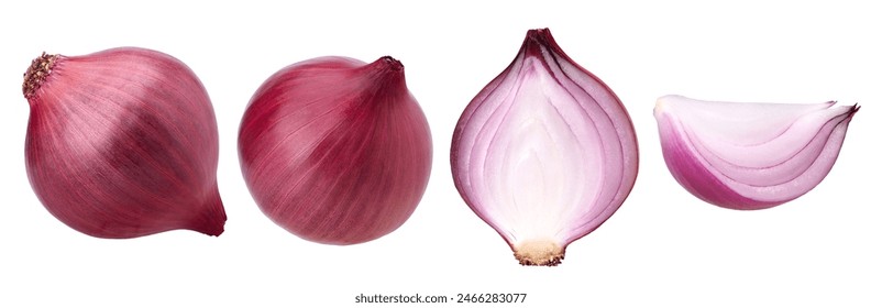 onions (shallots), slices and half isolated on white background, Onions (shallots) macro studio photo, clipping path