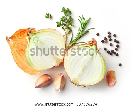 onions and spices isolated on white background, top view