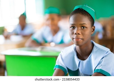 Onitsha, Anambra, Nigeria- May 19 2022: Portrait Of A Young Nigerian Student With Her School Uniform, In The Classroom