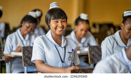 Onitsha, Anambra, Nigeria-August 31 2022: A Nigerian Student Nurse In The Classroom