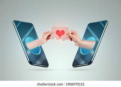 Online acquaintance. Hands come out of the smartphone screen holding puzzles with a drawn heart. The concept of social networks, love on the internet, porn