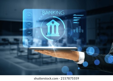 Online Banking Application Concept With Digital Bank Building Sign With Indicators On Virtual Projection From Digital Tablet On Man Hand