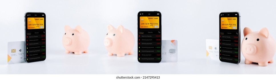 Online Banking Collection. Mobile Phone With Internet Online Bank App. Pig Bank With Credit Card On White Background. Save Money Business Wallet Set