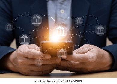 online banking concept Links between financial institutions Financial network with people using smartphones