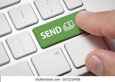 Online Banking concept: Macro male hand pressing computer key with send text and money illustration. Money transaction or swift on internet concept.