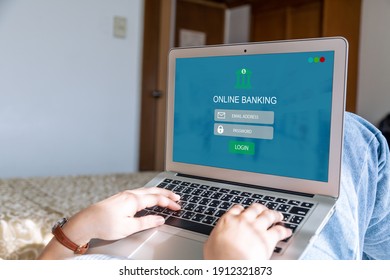 Online Banking Concept.Female Hands Using Computer Or Laptop At Home