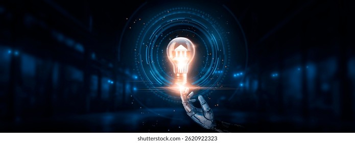 Online Banking: Convenience, security, Hand of robotic holding Glowing Online Banking in light bulb on big data processing, efficiency, innovation and technology
