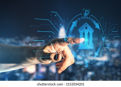 Online banking and digital money concept with man finger on virtual touch screen interface with central bank layout surrounded currency signs: dollar, euro, ruble and yen on abstract background - Shutterstock ID 2152034201