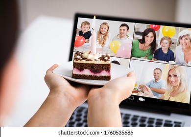 Online Birthday Party Video Conference Call On Laptop