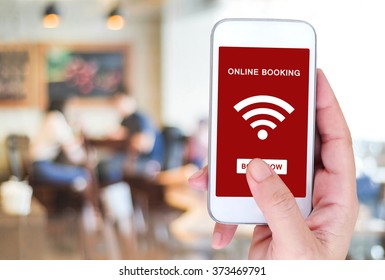 Online Booking Over Blur Restaurant Background, Food And Drink, Restauant Reservation