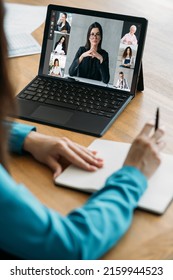 Online briefing. Video meeting. Corporate network. Female business team discussing strategy plan working in digital office on laptop screen. - Shutterstock ID 2159944523