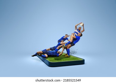 Online broadcasts of sports competitions. Collage with rugby players team in action on 3d gadget screen over blue background. Sport, achievements, media, betting, news, ad - Shutterstock ID 2185521549