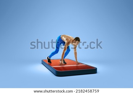 Online broadcasts of sports competitions. Young man, runner or jogger getting ready to start standing on 3d phone screen over blue background. Games, online events, media, betting, ad. Collage, poster