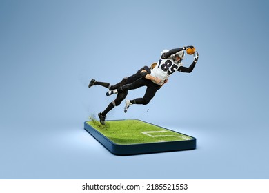Online broadcasts of sports competitions.Creative collage. Professional male soccer player playing football on 3d cellphone screen over green background. Sport, achievements, media, betting, news, ad - Powered by Shutterstock