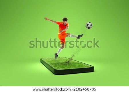 Online broadcasts of sports competitions.Creative collage. Professional male soccer player playing football on 3d cellphone screen over green background. Sport, achievements, media, betting, news, ad