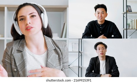 Online Business Coaching. Corporate Web Chat. Distant Conference. Screenshot Of Diverse Group Watching Virtual Interview At Digital Office.