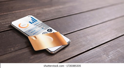 Online Business Concept. Close up of smart phone on wooden desk with golden credit card lying on the screen, copy space - Powered by Shutterstock