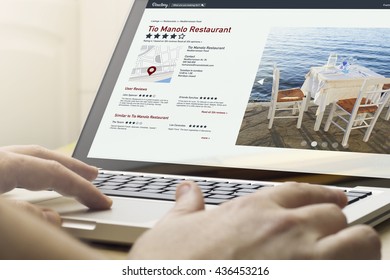 Online Business Concept: Man Using A Laptop With Online Directory On The Screen. Screen Graphics Are Made Up.