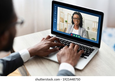Online Business Meeting. African American Businessman Having Video Conference With Black Female Partner, Using Laptop Computer For Web Communication, Sitting At Desk In Office, Creative Collage