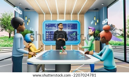 Online Business Meeting in Virtual Reality Office. Project Manager Talking to a Group of Internet Avatars of Colleagues Sitting at a Table. 3D Meta Universe Concept, Working from Home.