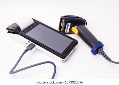 Online cash register and barcode scanner on a white background. Equipment for trade, business, entrepreneurs. Acquiring.