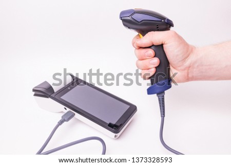 Online cash register and barcode scanner on a white background. Equipment for trade, business, entrepreneurs. Acquiring.