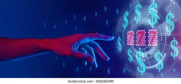online casino and gambling concept, hand touching shining sign 777 and dollars symbols, blue horizontal neon banner - Shutterstock ID 2036382989