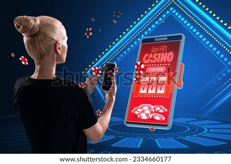 Online casino and gaming, gambling on device concept. Back view of blonde european woman and smartphone with creative slot machine and other games
