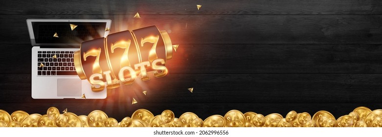 Online Casino, Laptop With Slot Machine With Jackpot And Gold Coins. Online Slots, Lucky Seven 777, Dark Gold Style. Luck Concept, Gambling, Jackpot, Banner