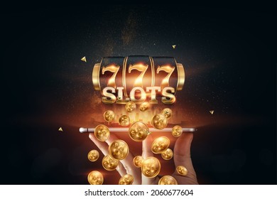 Online casino, smartphone with slot machine with jackpot and gold coins. Online Slots, Lucky Seven 777, Dark Gold Style. Luck concept, gambling, jackpot, banner - Shutterstock ID 2060677604