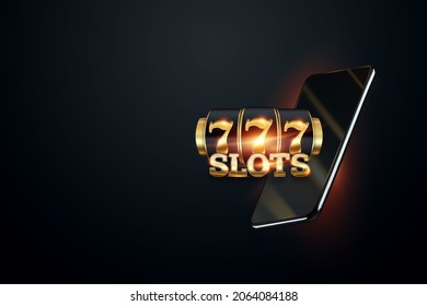 Online Casino, Smartphone With Slot Machine With Jackpot And Gold Coins. Online Slots, Lucky Seven 777, Dark Gold Style. Luck Concept, Gambling, Jackpot, Banner