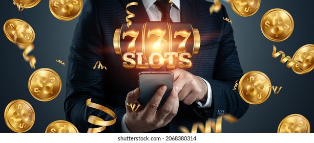 Online casino, smartphone with slot machine with jackpot and gold coins. Online Slots, Lucky Seven 777, Dark Gold Style. Luck concept, gambling, jackpot, banner - Shutterstock ID 2068380314