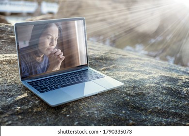 Online church service concept, Hand prayer by faith on laptop with spirituality and religion.