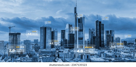 online communication concept, social network with speech bubbles with customer review on blue cityscape background. - Shutterstock ID 2347135523