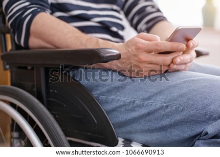 Online communication. Differently abled person being at home, typing message