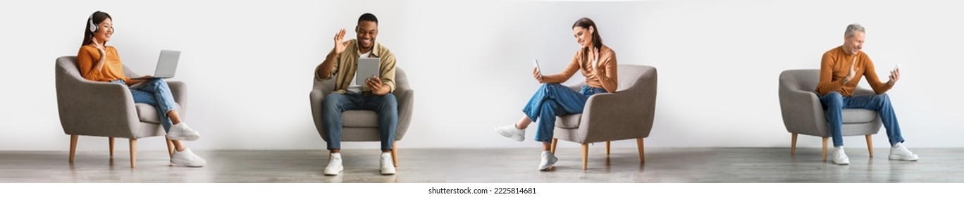 Online Communication. Diverse Happy People Sitting In Chairs And Making Video Call With Different Gadgets While Relaxing At Home, Multiethnic Men And Women Enjoying Web Conference, Collage - Shutterstock ID 2225814681