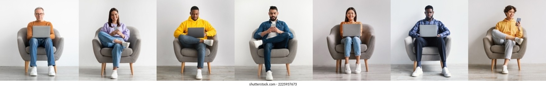 Online Communication. Diverse People Sitting In Armchair And Using Smartphones And Laptops, Multiethnic Men And Woman Communicating In Internet Via Modern Gadgets, Collage, Panorama - Powered by Shutterstock