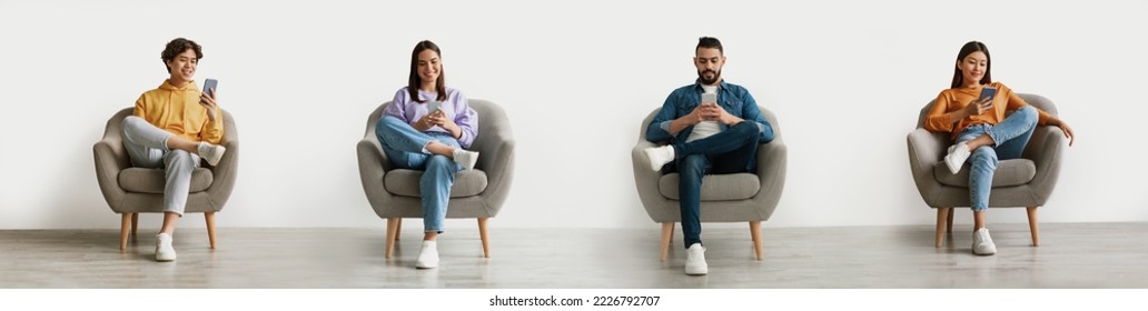 Online Communication. Smiling Multiethnic People Using Smartphones While Relaxing In Armchair At Home, Diverse Men And Women Browsing Internet On Mobile Phones, Enjoying Modern Technology, Collage
