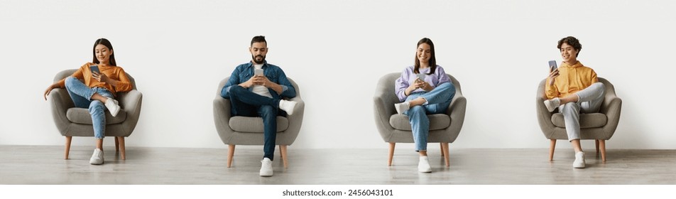 Online Communication. Smiling Multiethnic People Using Smartphones While Relaxing In Armchair At Home, Diverse Men And Women Browsing Internet On Mobile Phones, Enjoying Modern Technology, Collage - Powered by Shutterstock