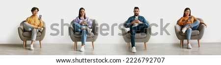 Online Communication. Smiling Multiethnic People Using Smartphones While Relaxing In Armchair At Home, Diverse Men And Women Browsing Internet On Mobile Phones, Enjoying Modern Technology, Collage