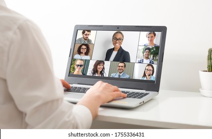 Online conference chatting work colleagues. Training video call on a web camera. On a laptop screen, an African American woman is talking with friends. Remote team business communication. - Shutterstock ID 1755336431