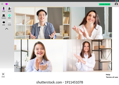 Online Conference. Group Call. Internet Communication Wfh. Corporate Webcast. Supportive Satisfied Business Team Applauding Greeting Enthusiastic Asian Male Colleague At Digital Office On Screen.