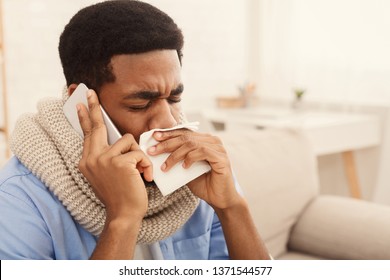 Online Consultation With Doctor. Sick Man Calling Phone For Medical Help, Suffering From Cold And Seasonal Flu Virus, Empty Space