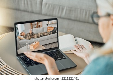 Online Consultation, Laptop And Military Woman For Therapy With Virtual Psychologist Or Therapist Talking Mental Health, Trauma Or Anxiety. Psychology Worker With Soldier Or Veteran On A Video Call