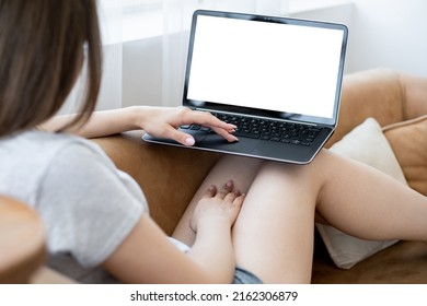 Online Courses. Casual Woman. Computer Mockup. Unrecognizable Lady Scrolling Laptop With Blank Screen Sitting Sofa In Light Room Interior.