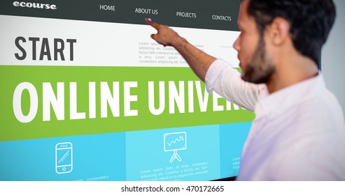 Online courses interface against man pointing over whiteboard