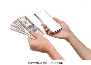 Online credit. Man holding smartphone with blank screen and bunch of dollars, isolated over white background