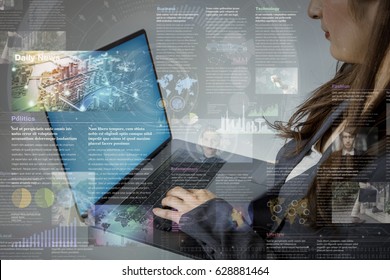online curation media concept. electronic newspaper. young woman holding laptop PC and various news images. abstract mixed media.