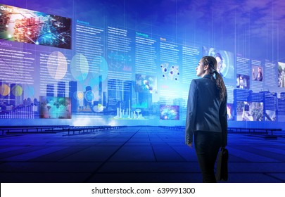 online curation media concept. electronic newspaper. young woman looking at various news images. abstract mixed media. - Shutterstock ID 639991300