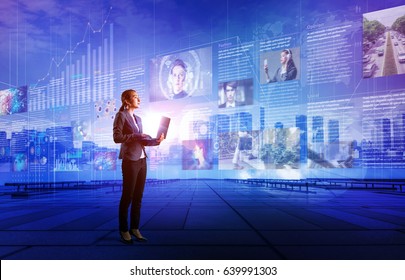 online curation media concept. electronic newspaper. young woman holding laptop PC and various news images. abstract mixed media. - Shutterstock ID 639991303